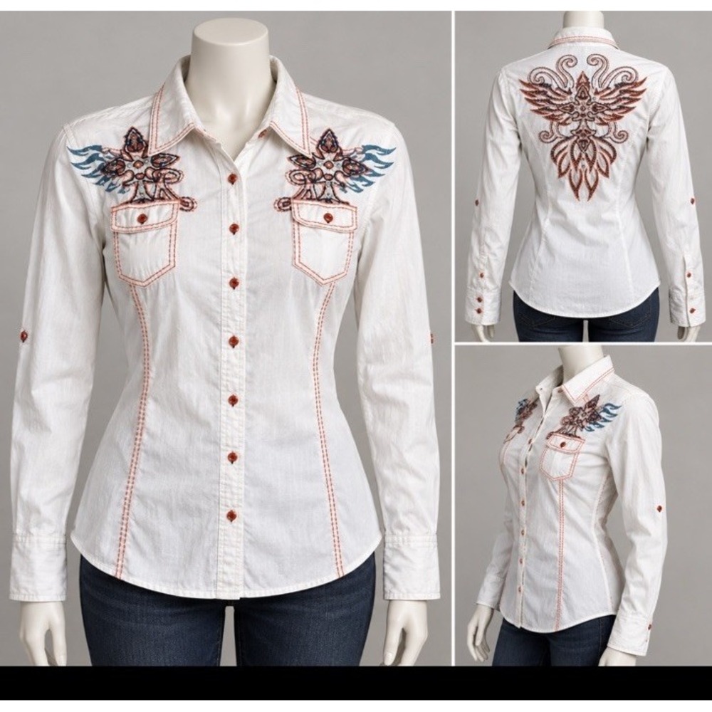 Roar Western Shirt Womens Large Orange Blue Embroidered Rhinestones Long Sleeve